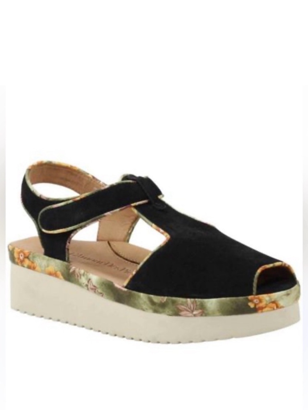 L’Amour Des Pieds Black Floral-Trim Platform Sandal for Women Size 8